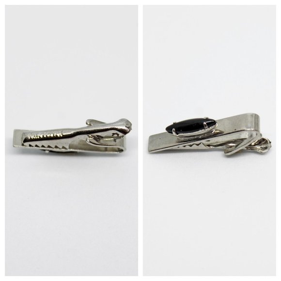 Vintage Silver & Black Marquis Cabachon Rectangle Tie Clip | Father's Day Gift - Picture 5 of 9